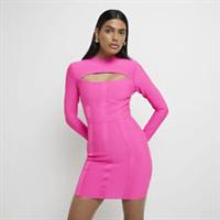 River Island Womens Bodycon Mini Dress Pink Cut Out Long Sleeve High Neck - 10 Regular