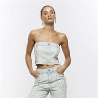 River Island Womens Bandeau Top Blue Denim Diamante Sleeveless Belt Loops Zip - 8 Regular