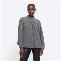 River Island Womens Blouse Silver Glitter High Neck Cuffed Long Sleeve Top - 6 Regular