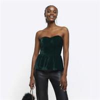 River Island Womens Bandeau Top Green Velvet Fabric Sleeveless Peplum Hem - 6 Regular