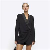 River Island Womens Playsuit Black Diamante Collar Wrap Long Sleeve Outfit - 6 Regular