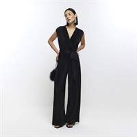 River Island Womens Jumpsuit Black Plisse Wide Leg Wrap Sleeveless V-Neck Outfit - 6 Regular