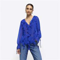 River Island Womens Blouse Blue Frill Long Sleeve Tie Neck Long Sleeve Top - 8 Regular