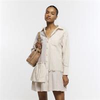 River Island Womens Mini Shirt Dress Beige Linen Blend Stripe Long Sleeve Collar - S Regular