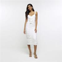 River Island Womens Bodycon Midi Dress White Satin Corsage Sleeveless V-Neck - 8 Regular