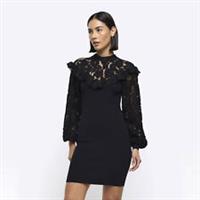 River Island Womens Bodycon Mini Dress Black Lace Long Sleeve High Neck - 6 Regular