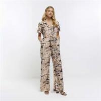 River Island Womens Jumpsuit Brown Animal Print Short Sleeve V-Neck Outfit - 6 Regular