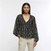 River Island Womens Blouse Black Floral Embellished Detail Long Sleeve Top - 10 Regular