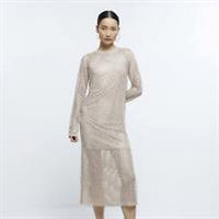 River Island Womens Jumper Midi Dress Beige Knitted Sequin Long Sleeve Crew Neck - 8 Regular