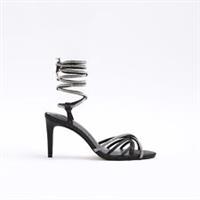 River Island Womens Sandals Black Diamante Straps Tie Up Heeled Summer Shoes