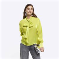 River Island Womens Blouse Yellow RI Studio Satin Tie Neck Long Sleeve Top - 8 Regular