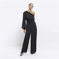 River Island Womens Jumpsuit Black Satin One Shoulder Wide Leg Long Sleeve - 6 Regular