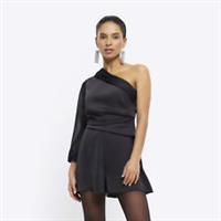 River Island Womens Playsuit Petite Black Satin One Shoulder Asymmetric Outfit - 10 Petites