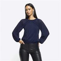 River Island Womens Blouse Navy Plisse Glitter Cape Crew Neck Long Sleeve Top - 6 Regular