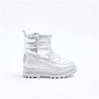 River Island Mini Girls Padded Boots Silver Nylon Hook & Loop Side Zip Shoes
