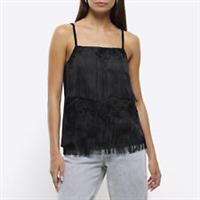 River Island Womens Cami Top Black Lace Detail Sleeveless Square Neck Longline - 8 Regular