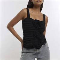 River Island Womens Corsage Top Black Ruched Sleeveless Square Neck Pleated - 8 Regular