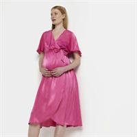 River Island Womens Midi Dress Maternity Pink Satin Wrap V Neck Short Sleeve - 8 Maternity