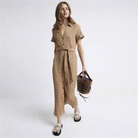 River Island Womens Shirt Midi Dress Beige Textured Belted Collared Short Sleeve - 8 Regular