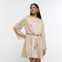 River Island Womens Mini Dress Beige Front Knot Detail Long Sleeve Cowl Neck - 8 Regular