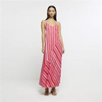 River Island Womens Slip Maxi Dress Pink Stripe Print V-Neck Spaghetti Straps - 12 Regular