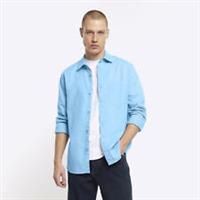 River Island Mens Shirt Blue Regular Fit Linen Blend Long Sleeve Collared Top - S Regular