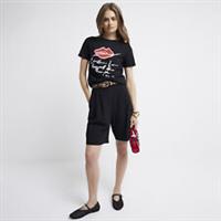 River Island Womens T-Shirt Black Lips Graphic Print Short Sleeve Tee Top - 6 Regular