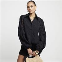 River Island Womens Shirt Black Broderie Fabric Long Puff Sleeve Collared Top - 10 Regular