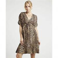 River Island Womens Skater Mini Dress Brown Leopard Print V-Neck Short Sleeve - 8 Regular