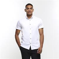 River Island Mens Shirt White Muscle Fit Short Sleeve RR Logo Collared Top - S Regular