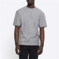 River Island Mens T-Shirt Grey Regular Fit RIb Pocket Short Sleeve Crew Tee Top - M Regular