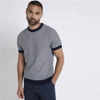 River Island Mens T-Shirt Navy Slim Fit Knit Stripe Short Sleeve Crew Tee Top - L Regular