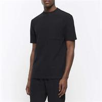 River Island Mens T-Shirt Black Regular Textured Pocket Short Sleeve Crew Tee - M Regular