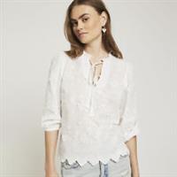 River Island Womens Smock Top White Embroidered Tie Front V-Neck 3/4 Sleeve - 10 Regular