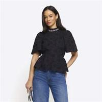 River Island Womens Blouse Black Jacquard Diamante Trim High Neck Short Sleeve - 8 Regular