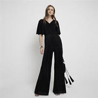 River Island Womens Jumpsuit Black Plisse Wrap V-Neck Short Sleeve Outfit - 8 Regular