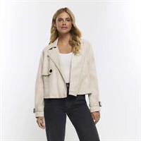 River Island Womens Trench Coat Cream Faux Leather Crop Collar Outerwear Top - L Regular