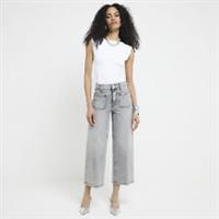 River Island Womens Wide Leg Jeans Grey High Waisted Cropped Fit Trousers Pants - 10 Regular Regular