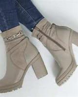 River Island Womens Heeled Boots Beige Hardware Strap Block Heel Side Zip Shoes