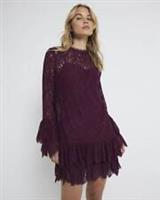 River Island Womens Shift Mini Dress Red Lace Tiered Long Sleeve Crew Neck - 8 Regular