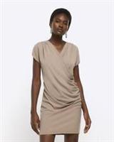 River Island Womens Bodycon Mini Dress Brown Drape Wrap Short Sleeve V-Neck - 8 Regular
