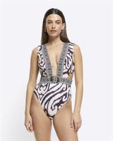 River Island Womens Swimsuit Cream Abstract Buckle One Piece Swimwear Beachwear - 6 Regular