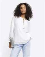 River Island Womens Blouse White Pearl Detail Long Sleeve Crew Neck Top - 10 Regular