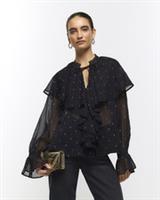 River Island Womens Blouse Black Glitter Detail Frill V-Neck Long Sleeve Top - 12 Regular