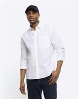 River Island Mens Shirt White Regular Linen Blend Long Sleeve Collared Top - S Regular