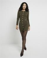 River Island Womens Mini Dress Khaki Military Button Long Sleeve Round Neck - 14 Regular