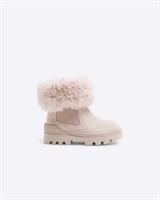 River Island Mini Girls Boots Pink Faux Fur Cuff Pu Fabric Side Zip Shoes