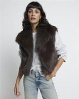 River Island Womens Crop Gilet Brown Faux Fur Sleeveless Collared Outerwear Top - L Regular