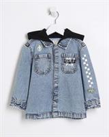 River Island Mini Boys Overshirt Blue Denim Graffiti Popper Hooded Outerwear Top - 12-18 Months Regular