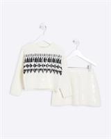 River Island Mini Girls Skirt & Jumper Set Cream Sequin Fair Isle 2 Piece Outfit - 2-3 Years Regular